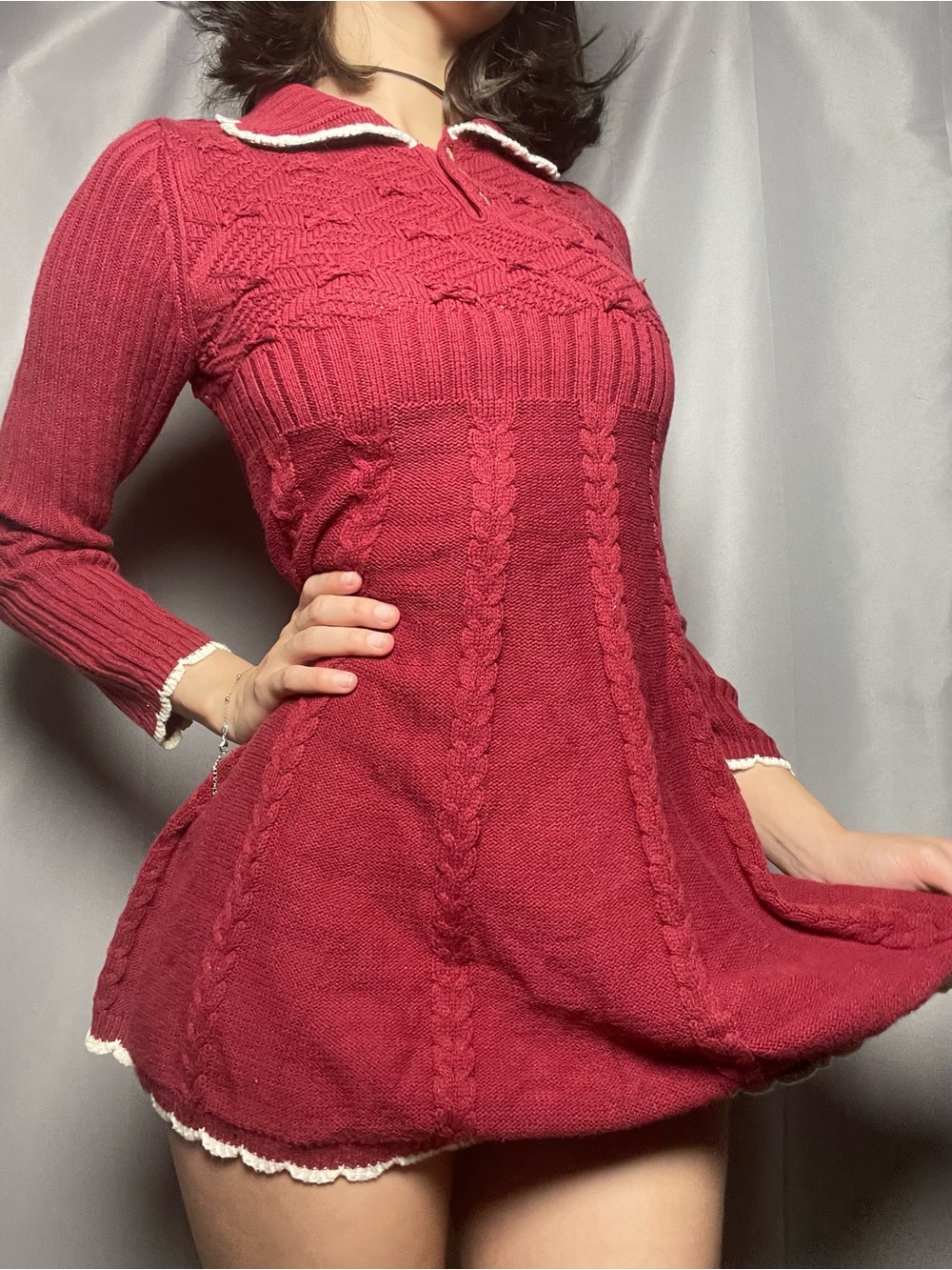 Cable-Knit Mini Dress with Contrast Trim in Deep Red
